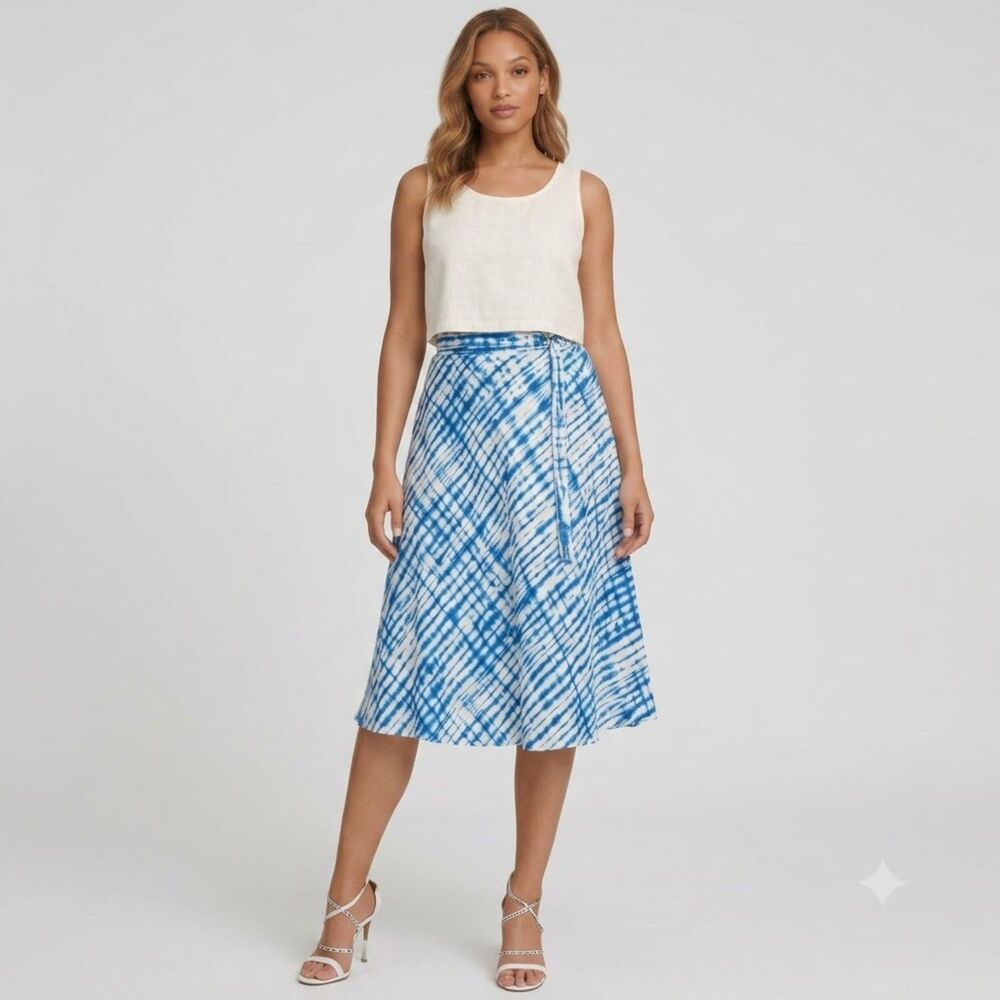 DKNY Women's Size 12 Blue White Tie Dye Linen Midi Wrap Skirt Belted NWT